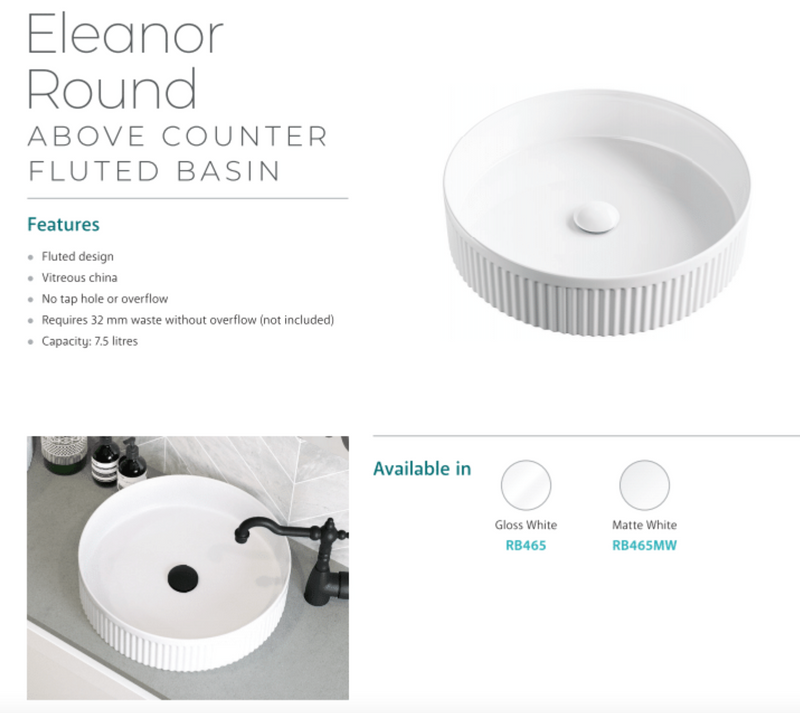 Fienza RB465 Eleanor Round Above Counter Basin, White - Special Order
