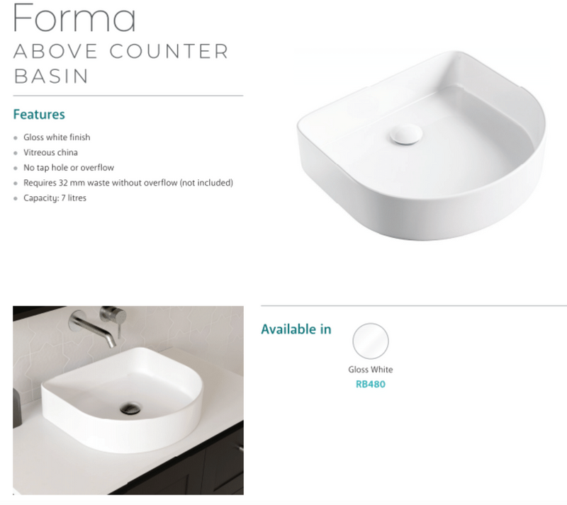 Fienza RB480 Forma Above Counter Basin, White - Special Order
