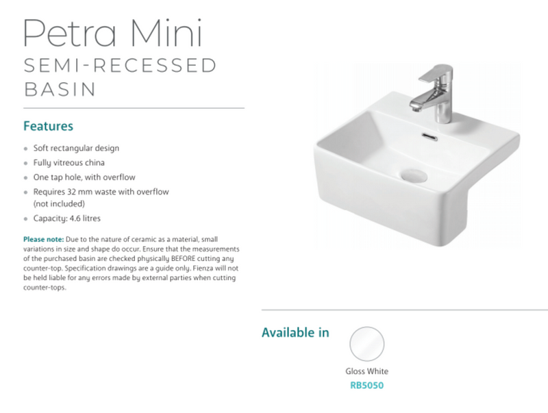 Fienza RB5050 Petra Semi Recessed 1 Tap Hole Mini Basin, White