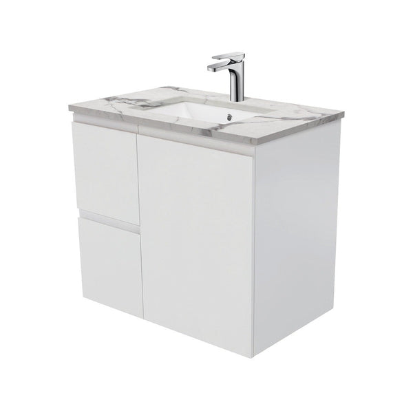 Fienza SM75ZL 750mm Fingerpull Matte Calacatta Marble Wall Hung Vanity, Left Drawers