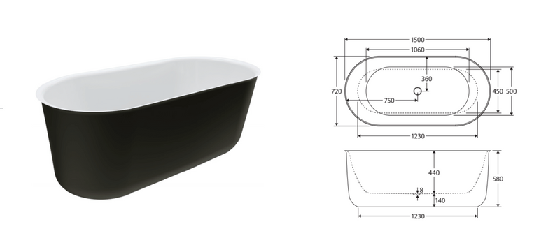 Fienza FR72-1500B Windsor Freestanding Acrylic Bath 1500mm, Matte Black - Special Order