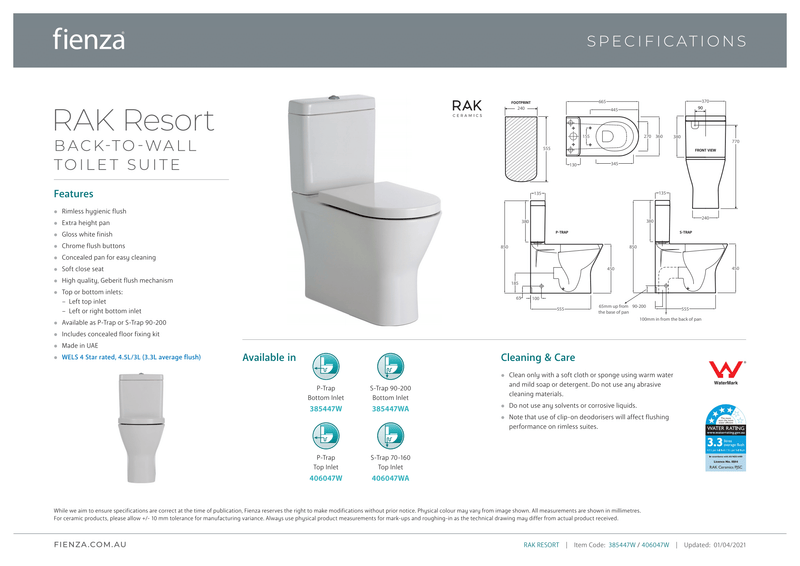 Fienza Rak Resort Back-to-Wall Suite Bottom Inlet