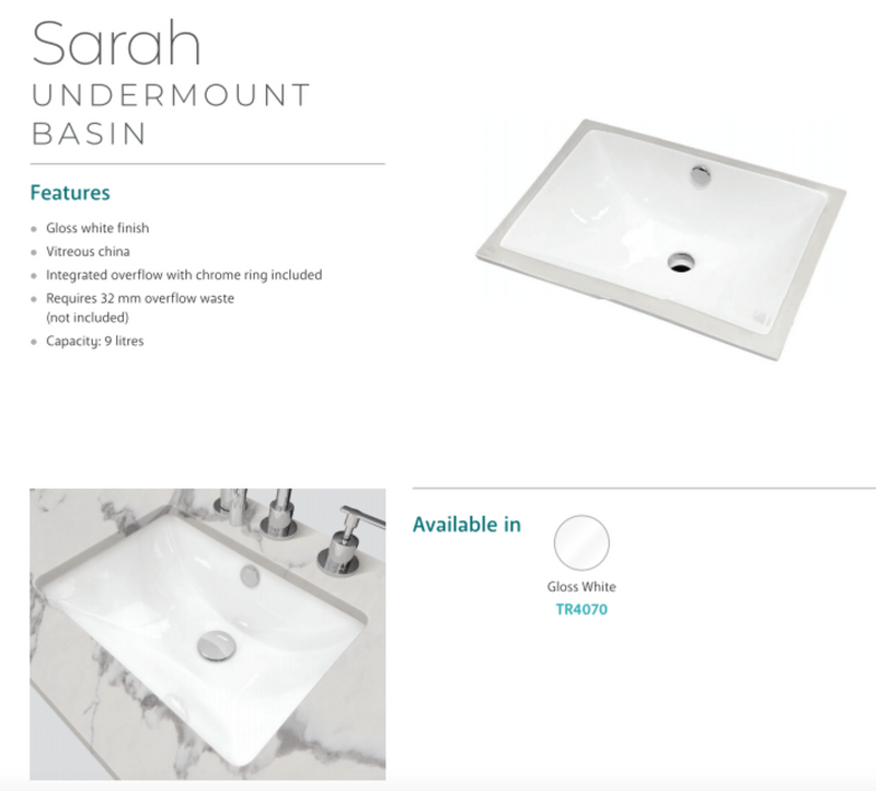 Fienza TR4070 Sarah Undermount Ceramic Basin, White - Special Order
