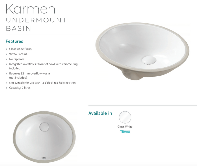 Fienza TR908 Undermount Ceramic Basin Karmen, White