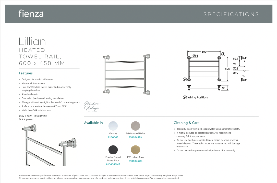 Fienza Lillian Heated Towel Rail - Brushed Nickel