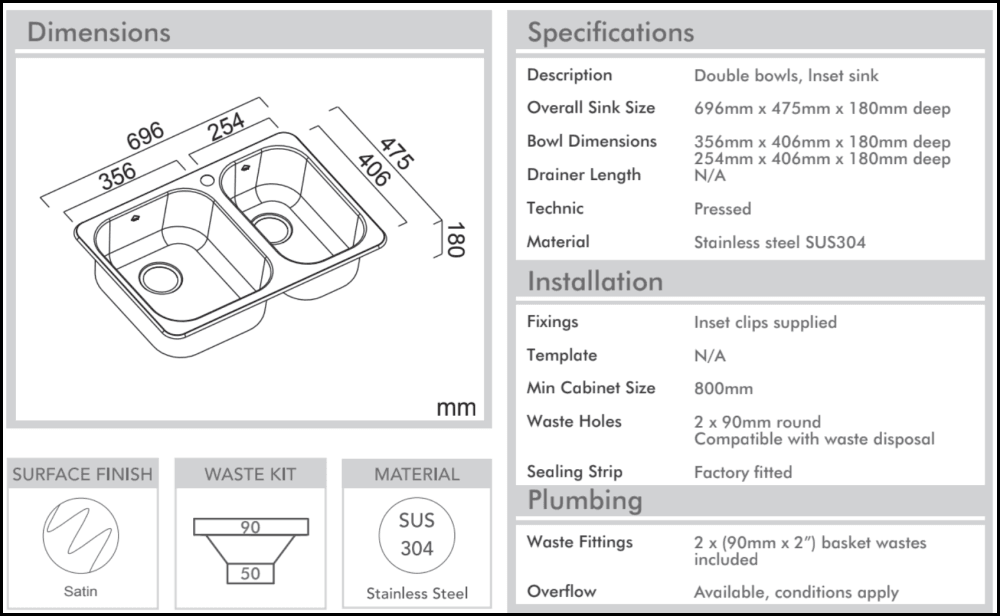 Abey Prc180 Brushed Stainless Steel Sink And Mixer Tap With Accessories Top Mounted Kitchen Sinks