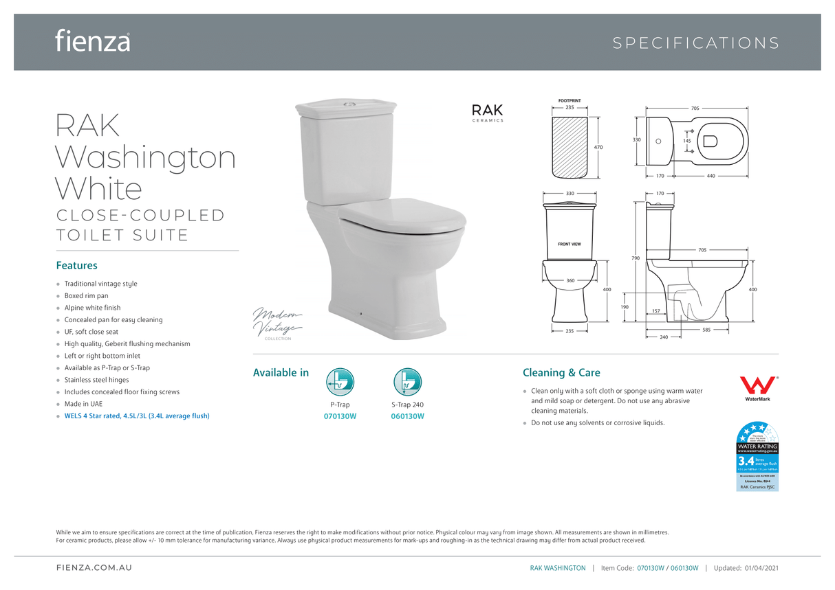 Fienza Rak Washington Close-Coupled Suite S-Trap 240 - White