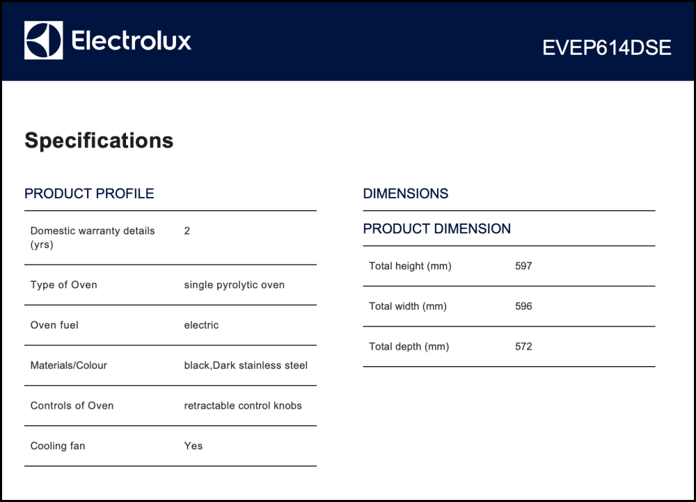 Electrolux Evep614Dse 60Cm Built-In Dark Steel Black Pyrolytic Oven - Seconds Stock Electric Oven