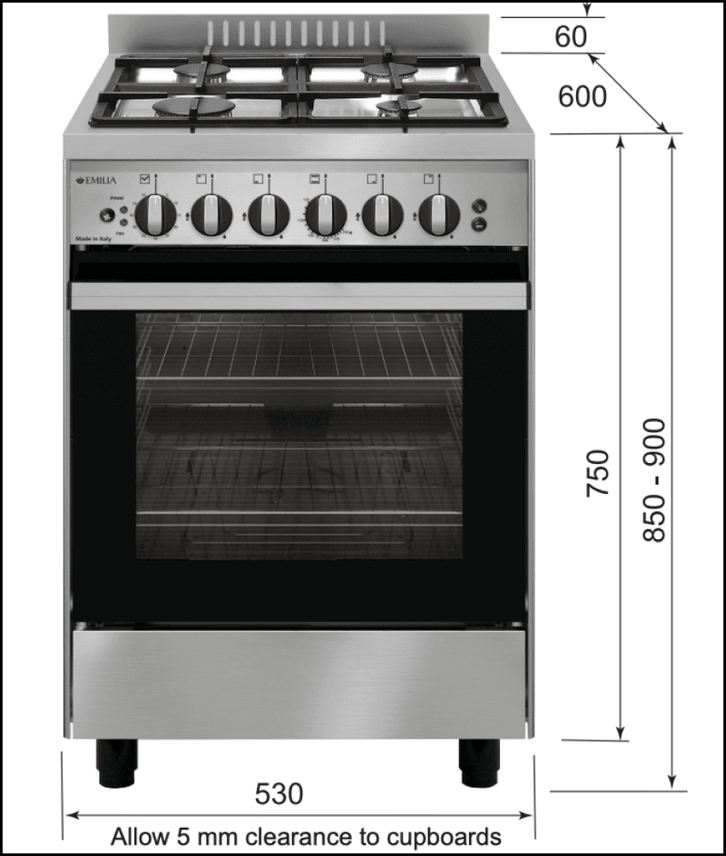 Emilia Em534Gg 53Cm Italian Made Stainless Steel Gas Stove With Kickplate