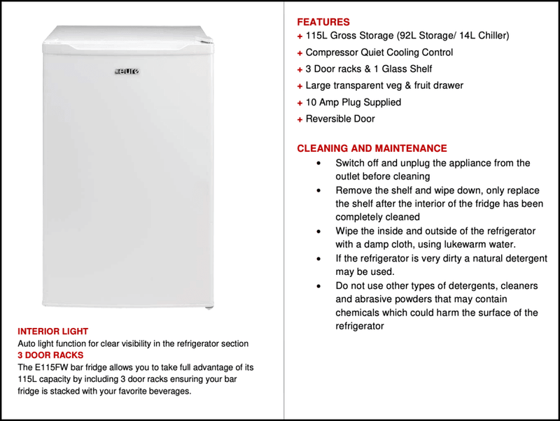 Euro Appliances E115Fw 110L White Bar Fridge Fridges