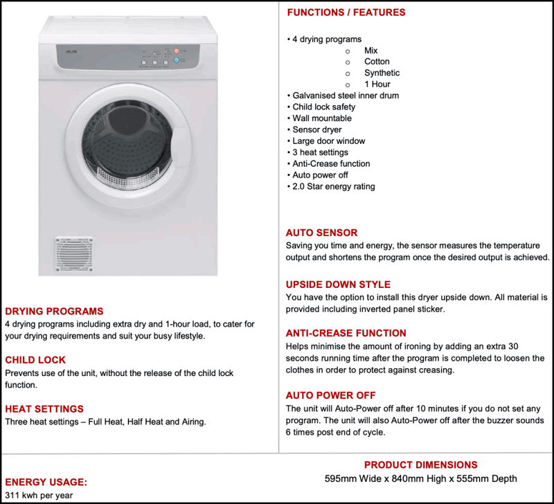 Euro Appliances E7Sdwh 7Kg Sensor Clothes Dryer Standard Dryers
