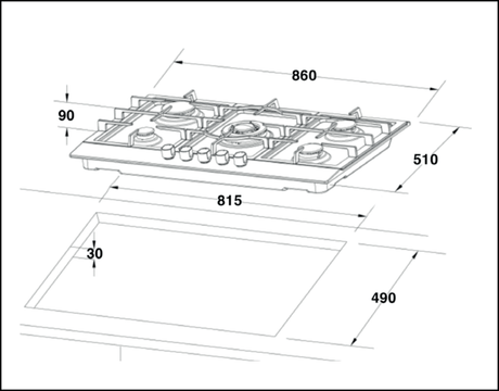 Euro Appliances Ect900Gbk 90Cm 5 Burner Gas On Glass Cooktop - Ex Display