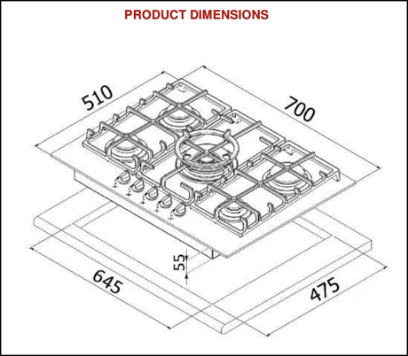 Euro Appliances Es700Gfdbl 70Cm 5 Burner Gas On Glass Cooktop Ex Display