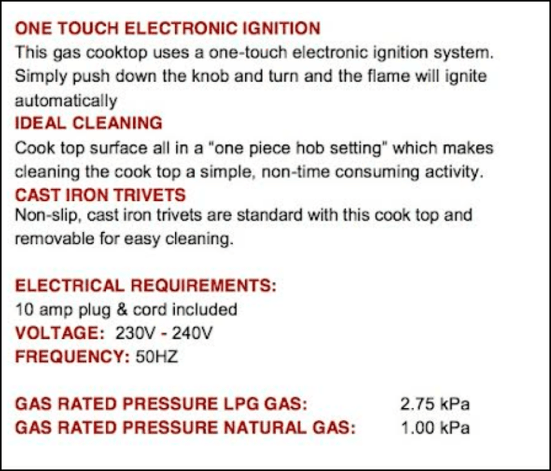 Euro Appliances Premium Series Egz60Wctsxs 60Cm Italian Made Gas Cooktop