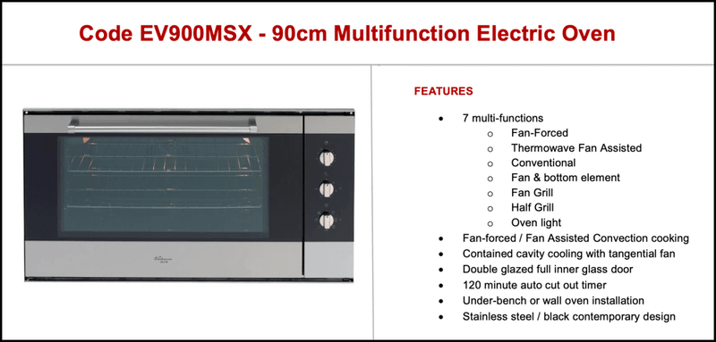 Euro Appliances Premium Series Ev900Msx Italian Made 90Cm Electric Multi-Function Oven Large