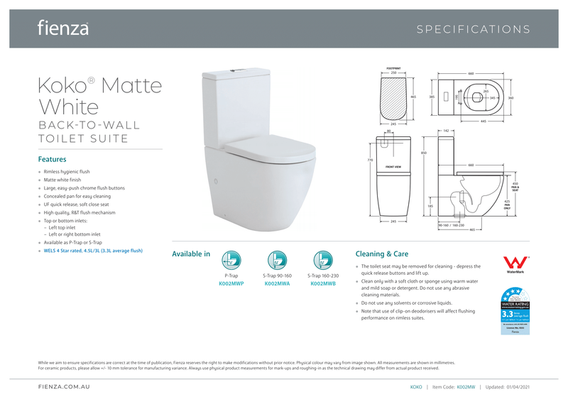 Fienza Koko Back-to-Wall Suite - Matte White