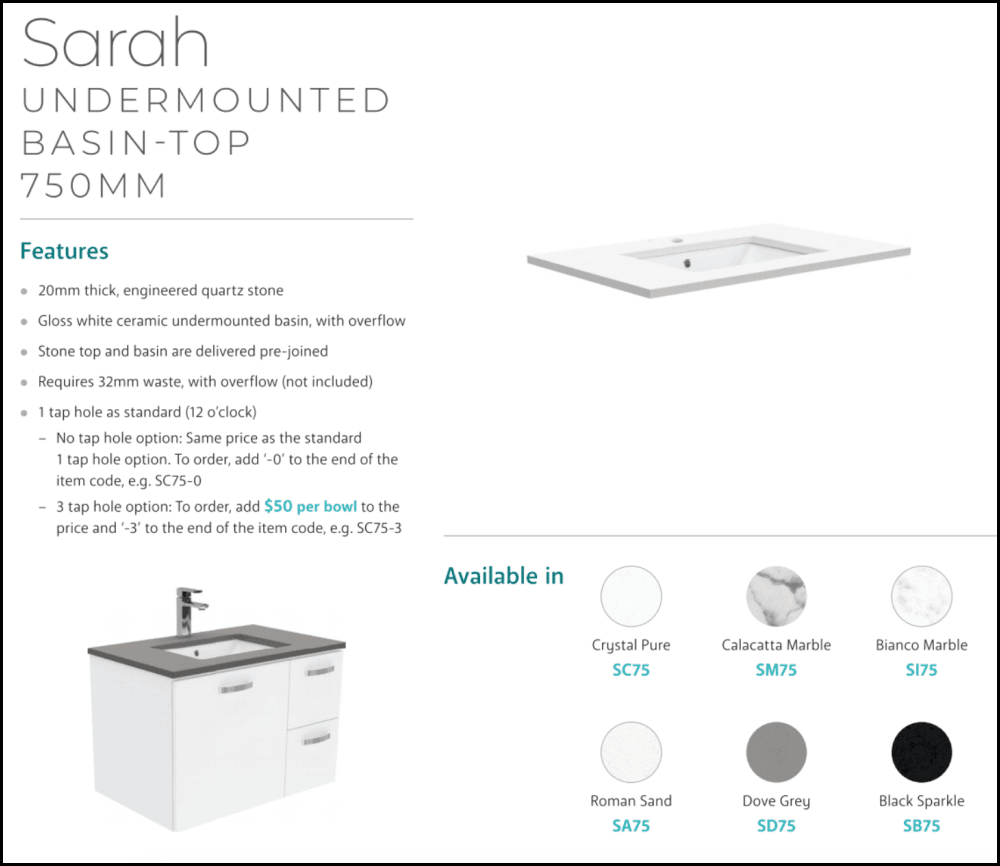 Fienza 750Mm Sc75T Crystal Pure Undermount Stone Top Hampton Wall Hung Vanity Unit White - Special