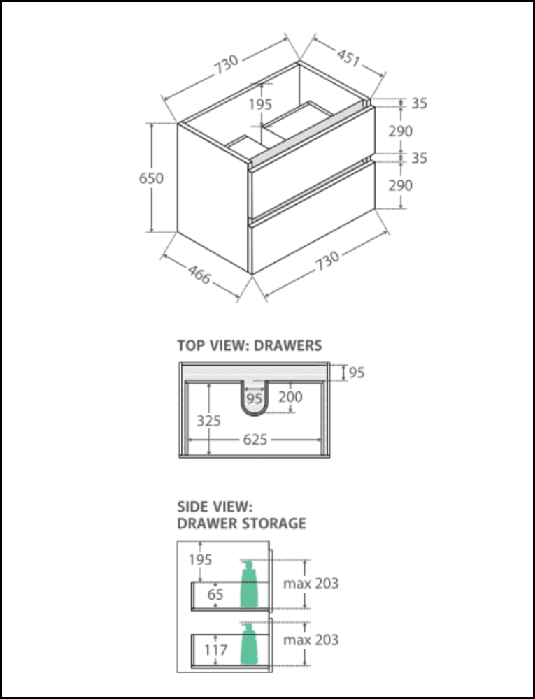 Fienza 750Mm Tclb75Q Dolce Matte Black Quest Wall Hung Vanity White - Special Order Units