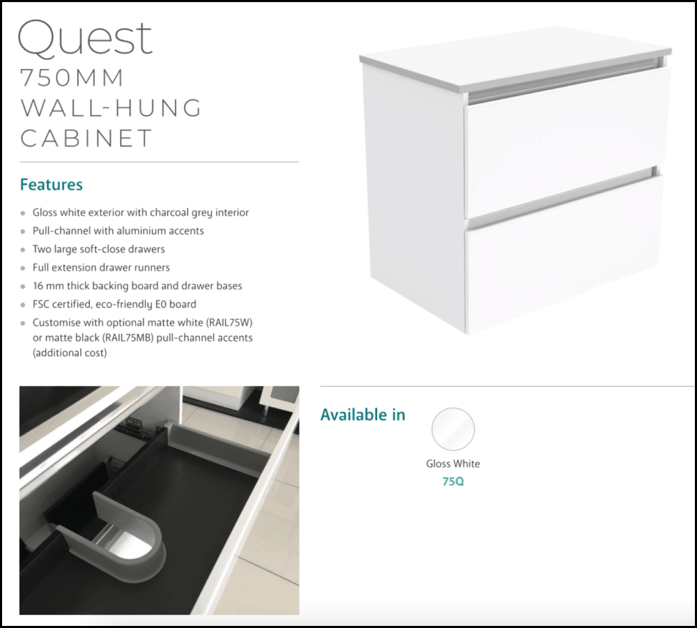 Fienza 750Mm Tclb75Q Dolce Matte Black Quest Wall Hung Vanity White - Special Order Units