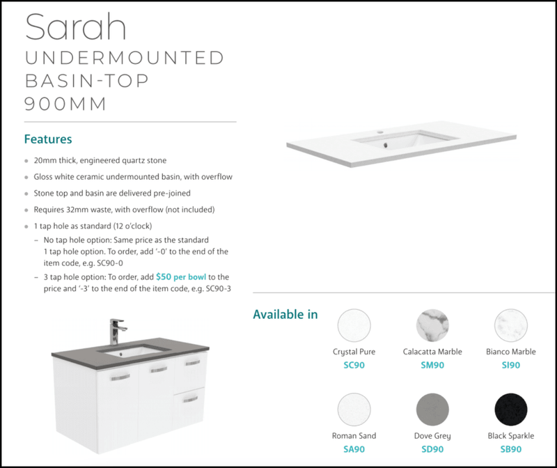 Fienza 900Mm Sc90Zkl Crystal Pure Undermount Stone Top Fingerpull Vanity Unit With Kickboard Satin