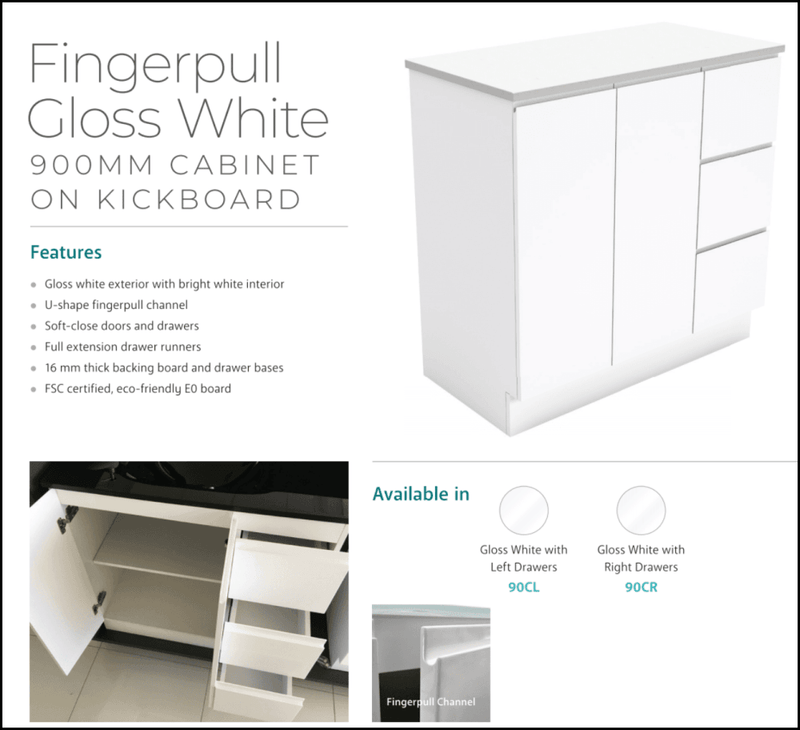 Fienza 900Mm Tclb90Cl Dolce Matte Black Fingerpull Gloss White Vanity On Kickboard Left Drawers -