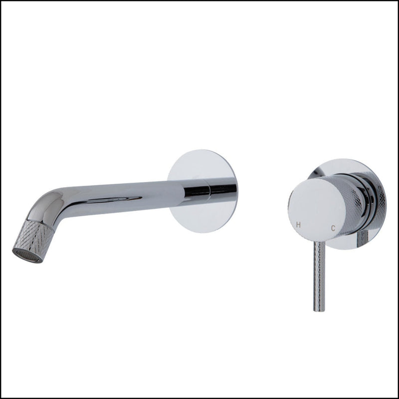 Fienza Axle Wall Basin/Bath Mixer Set Chrome Small Round Plates 200Mm Outlet 231104-200 Bathroom