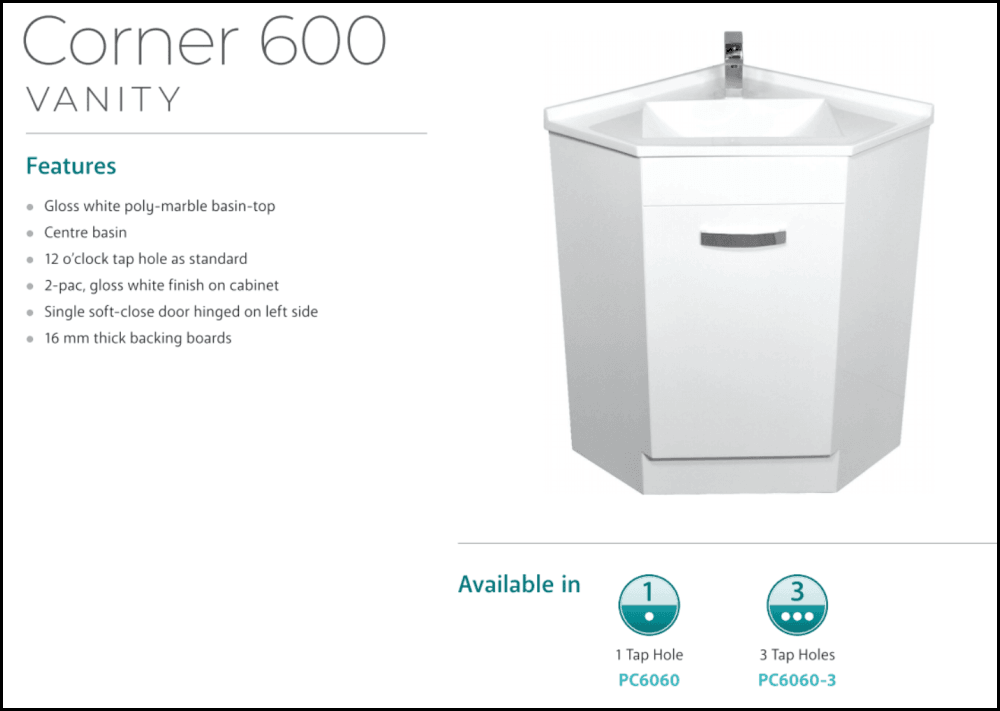 Fienza Corner 600 Pc6060 White Vanity Unit - Special Order Units