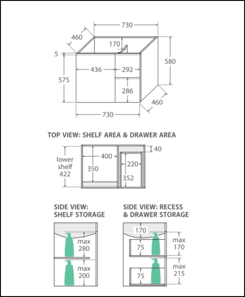 Fienza Crystal Pure Sc75Fr 750Mm Undermount Stone Top Fingerpull Wall Hung Vanity Unit Right Drawers