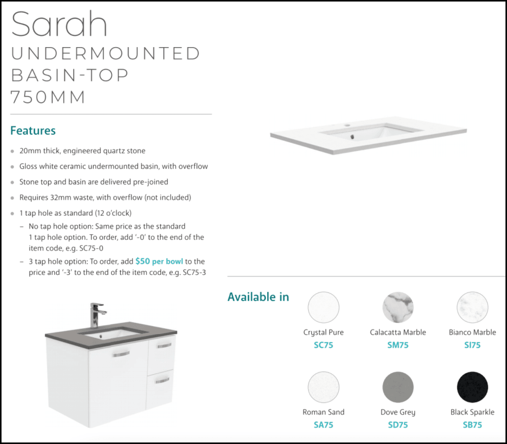 Fienza Crystal Pure Sc75Xl 750Mm Undermount Stone Top Edge Industrial Wall Hung Vanity Unit Left