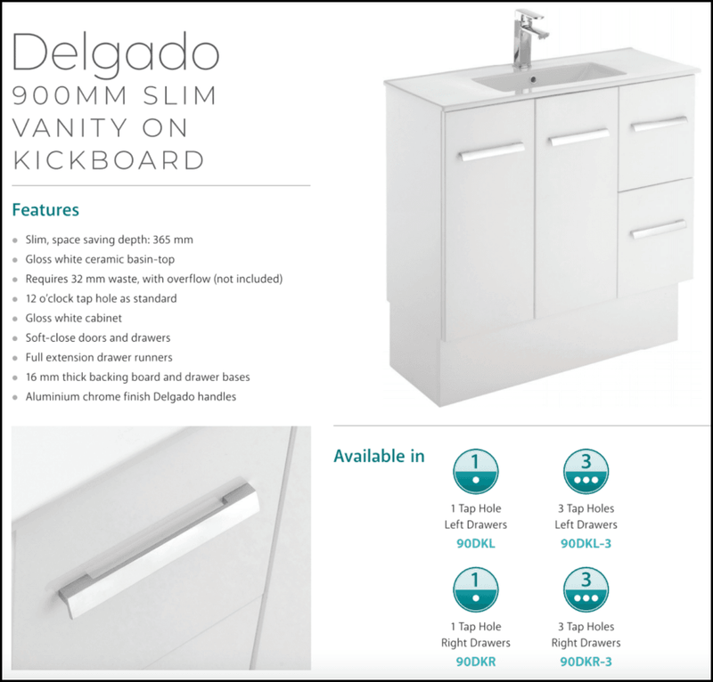 Fienza Delgado 90Dkl 900Mm White Vanity Unit With Kickboard Left Drawers - Special Order Units