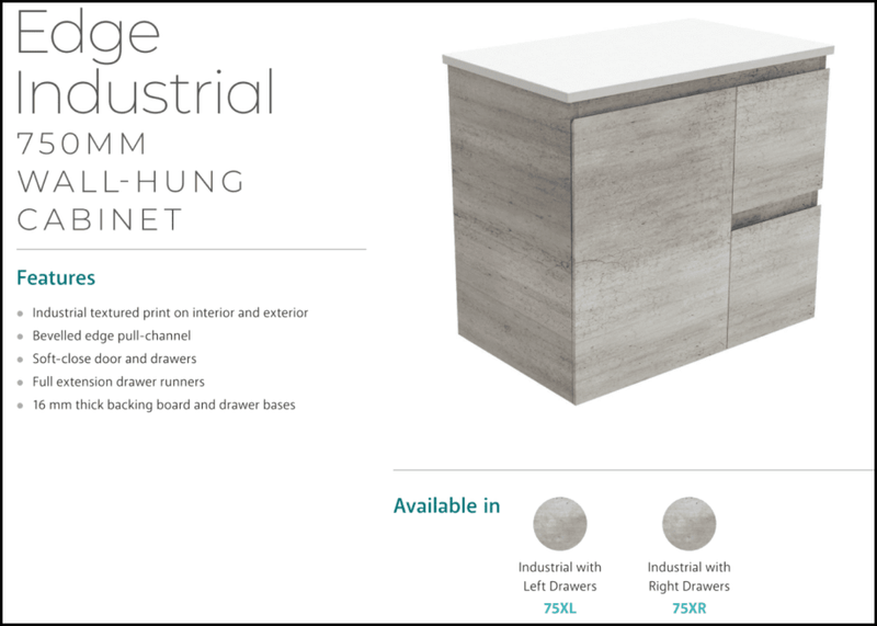 Fienza Dolce Edge Tcl75Xr Industrial 750Mm Wall Hung Vanity Right Drawers - Special Order Units
