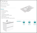 Fienza Dolce Hampton 750Mm Tcl75Tk White Vanity Unit On Kickboard - Special Order Units