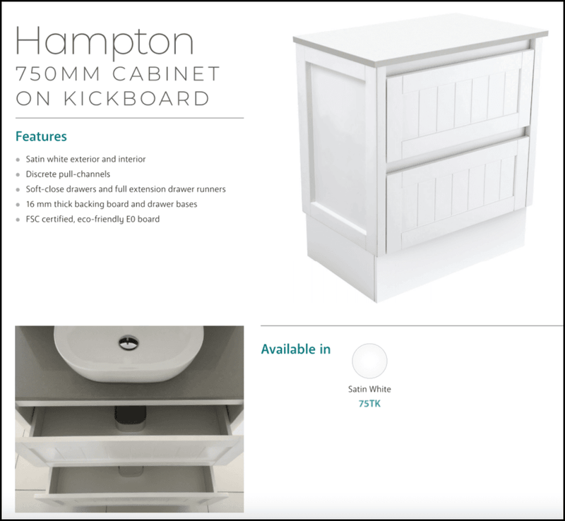 Fienza Dolce Hampton 750Mm Tcl75Tk White Vanity Unit On Kickboard - Special Order Units