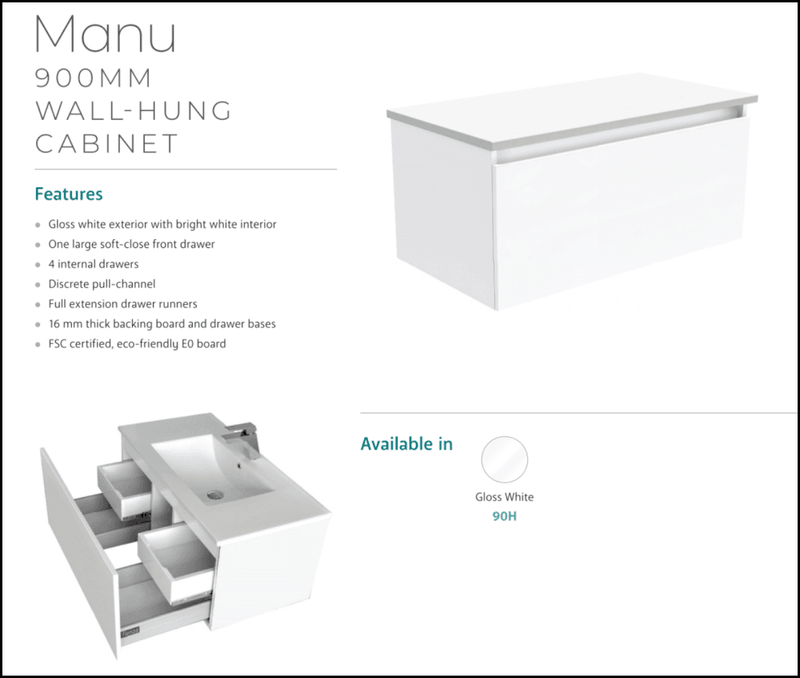 Fienza Dolce Manu Tcl90H 900Mm White Wall Hung Vanity Unit - Special Order Units