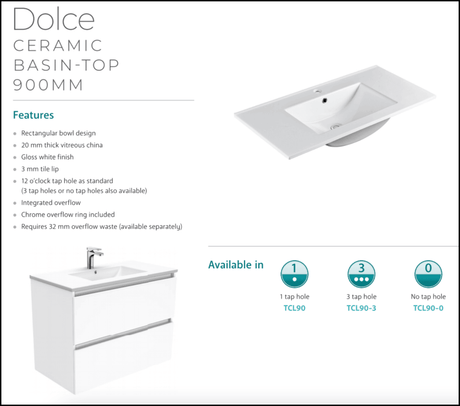 Fienza Dolce Quest 900Mm Tcl90Qk White Vanity Unit On Kickboard - Special Order Units