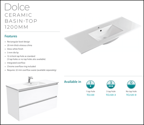 Fienza Dolce Tcl120C 1200Mm Fingerpull Vanity On Kickboard White - Special Order Units