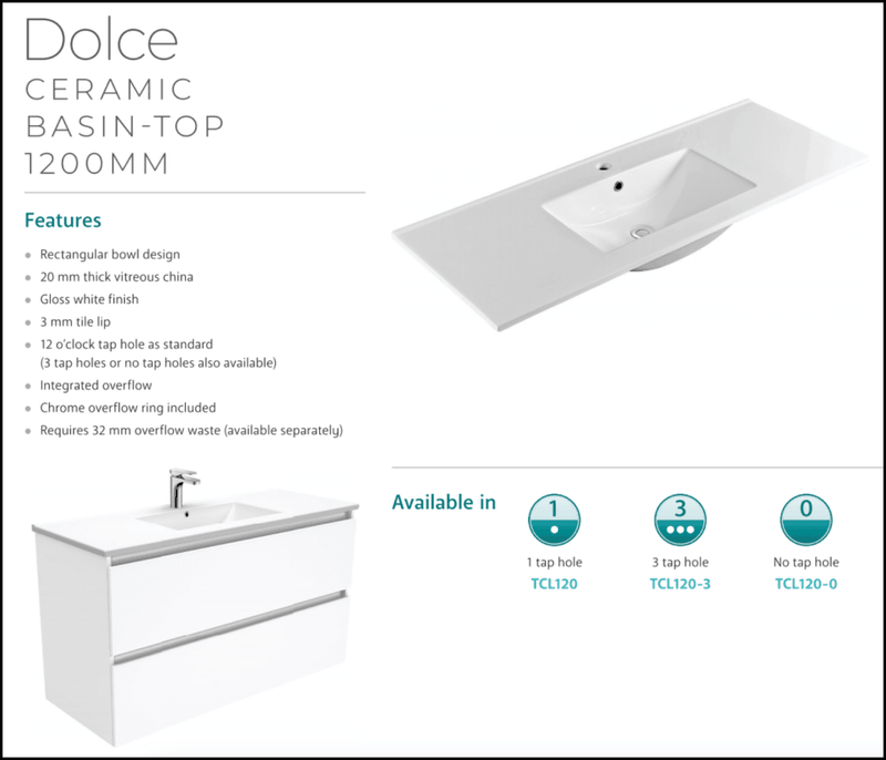 Fienza Dolce Tcl120J 1200Mm Ceramic Wall Hung Vanity With Handles White - Special Order Units