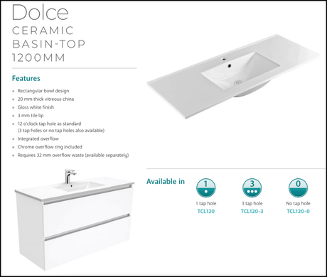 Fienza Dolce Tcl120Nkw 1200Mm Vanity With Kicker White - Special Order Units