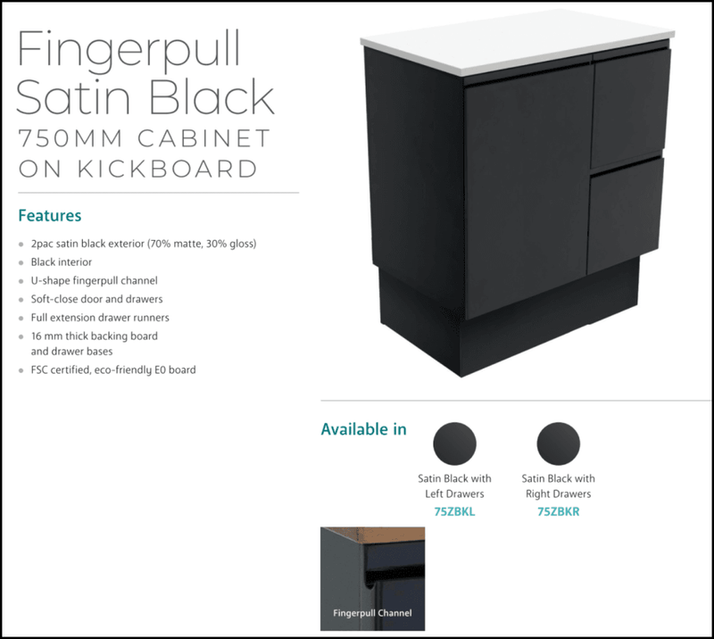 Fienza Dolce Tcl75Zbkr 750Mm Satin Black Vanity With Kickboard Right Drawers - Special Order Units