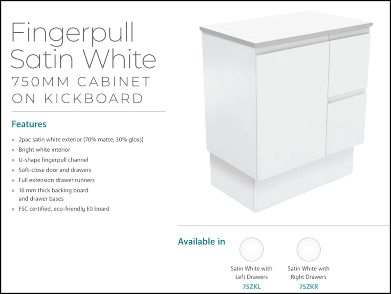 Fienza Dolce Tcl75Zkl Fingerpull Matte White 750Mm Vanity With Kickboard Left Drawers - Special