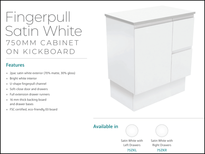 Fienza Dolce Tcl75Zkr Fingerpull Matte White 750Mm Vanity With Kickboard Right Drawers - Special