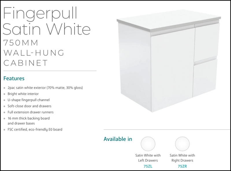 Fienza Dolce Tcl75Zl 750Mm Fingerpull Wall Hung Vanity Matte White With Left Drawers - Special Order