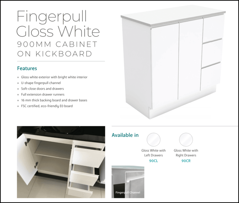 Fienza Dolce Tcl90Cl 900Mm Fingerpull White Vanity With Kickboard Left Drawers - Special Order Units