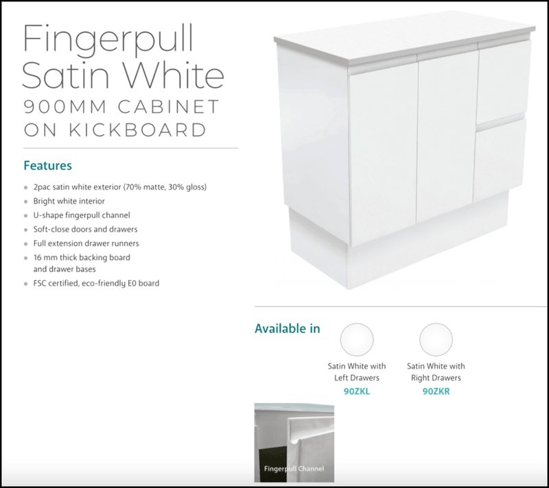 Fienza Dolce Tcl90Zkr 900Mm Fingerpull Matte White Vanity With Kickboard Right Drawers - Special