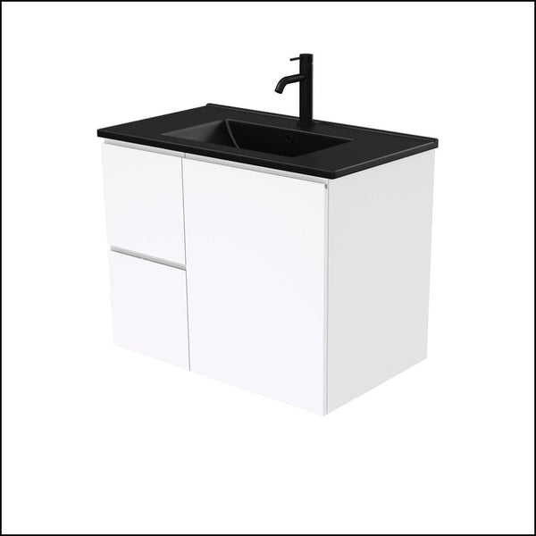 Fienza Dolce Tclb75Fl 750Mm Matte Black Fingerpull Gloss White Wall Hung Vanity Left Drawers -