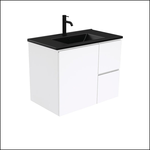 Fienza Dolce Tclb75Fr 750Mm Matte Black Fingerpull Gloss White Wall Hung Vanity Right Drawers -