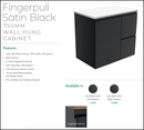 Fienza Dolce Tclb75Zbl 750Mm Matte Black Satin Wall Hung Vanity Left Drawers - Special Order Units