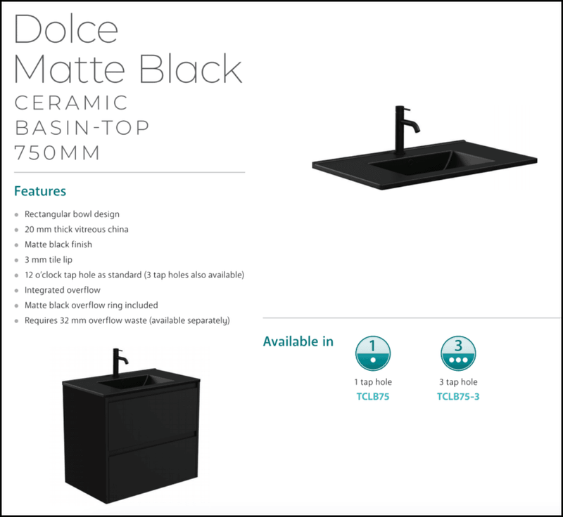 Fienza Dolce Tclb75Zbr 750Mm Matte Black Satin Wall Hung Vanity Right Drawers - Special Order Units