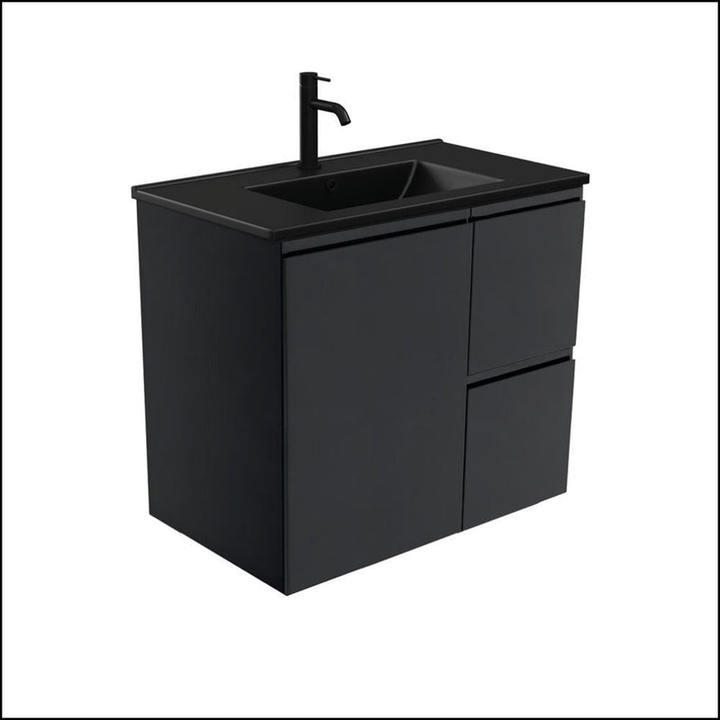 Fienza Dolce Tclb75Zbr 750Mm Matte Black Satin Wall Hung Vanity Right Drawers - Special Order Units