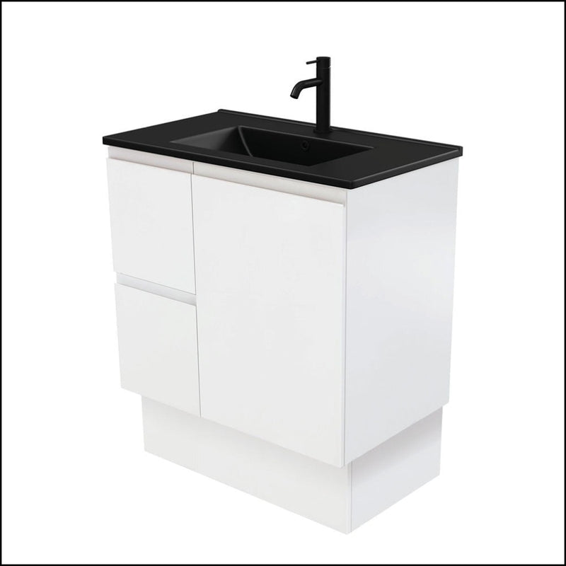 Fienza Dolce Tclb75Zkl 750Mm Matte Black Fingerpull Satin White Vanity On Kickboard Left Drawers -